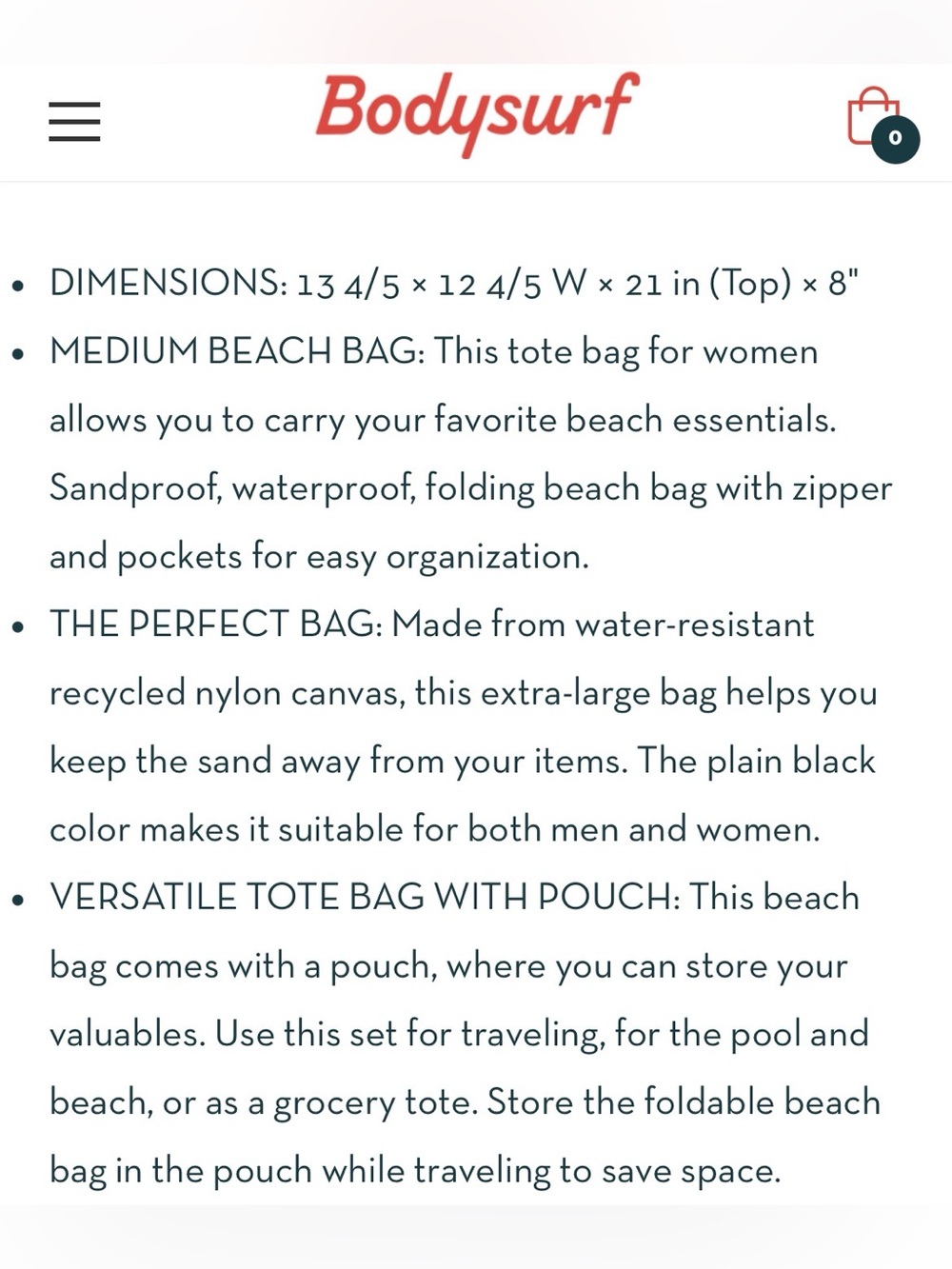 Bodysurf Medium Ripstop Nylon Waterproof Beach Bag in Black NWOT - Picture 11 of 12